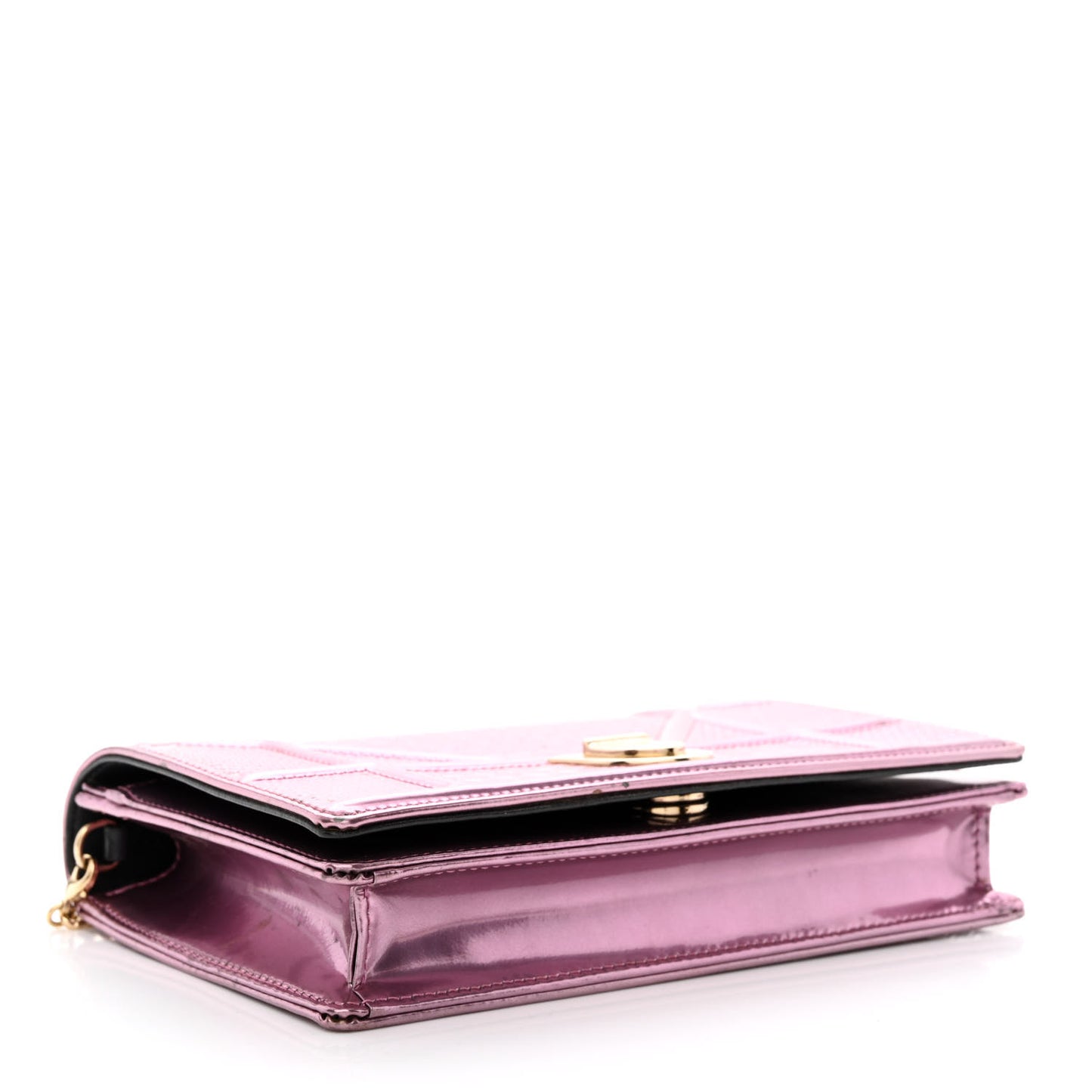 Metallic Patent Micro-Cannage Diorama Wallet on Chain Pouch Pink