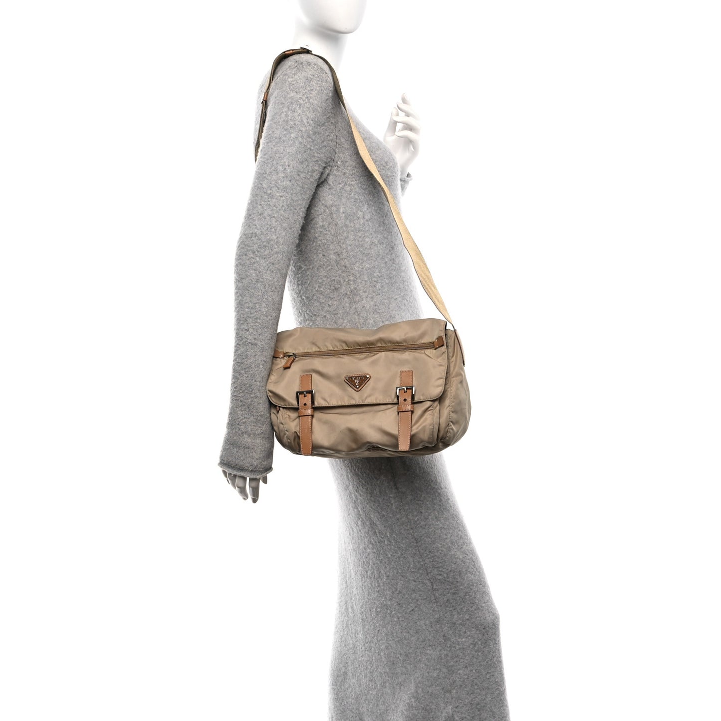 Re-Nylon Vela Saffiano Pocket Double Buckle Messenger Shoulder Bag Cammeo