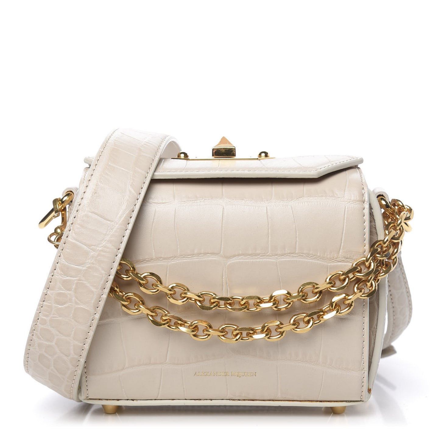 Calfskin Crocodile Embossed Box Shoulder Bag 16 Cream
