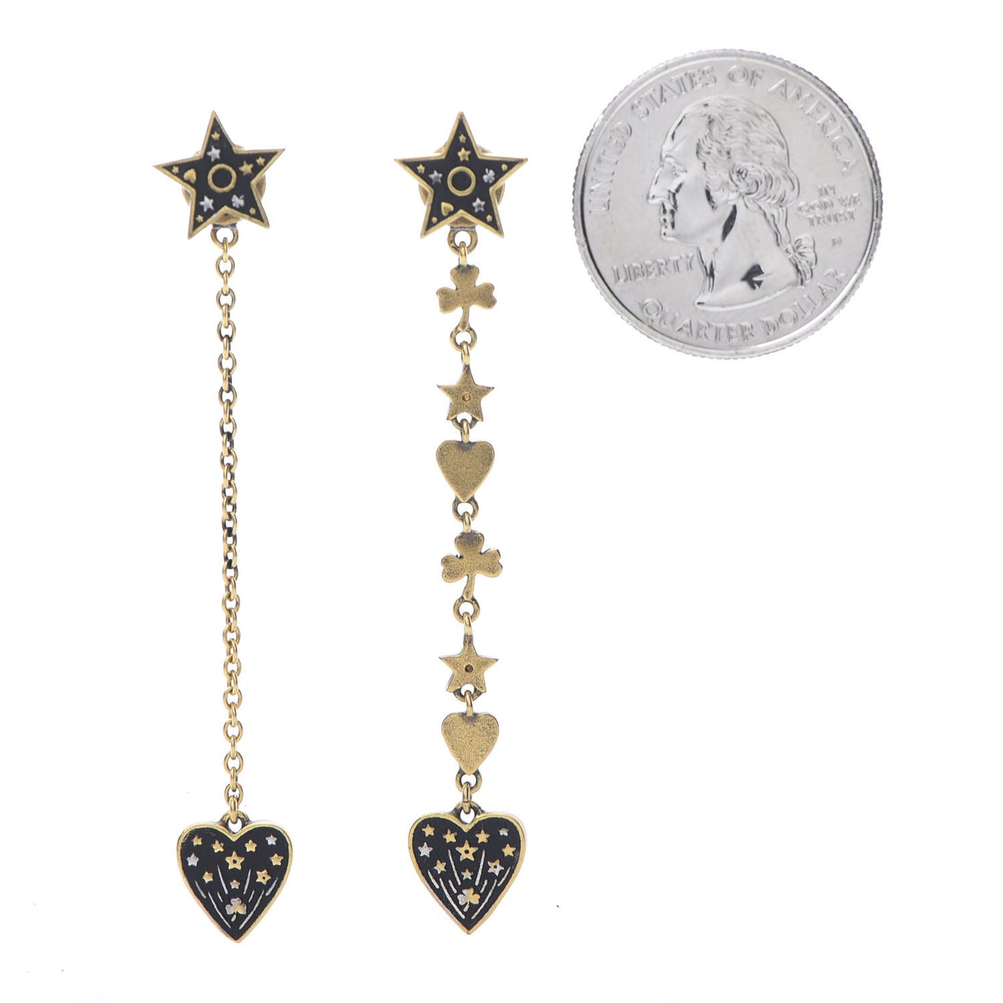 Heart Star Drop Earrings Antique Gold