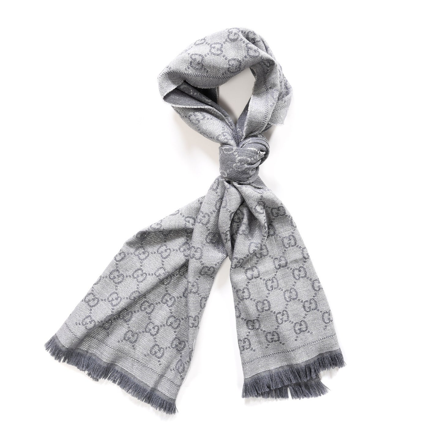Wool Jacquard Monogram Fringe Scarf Grey