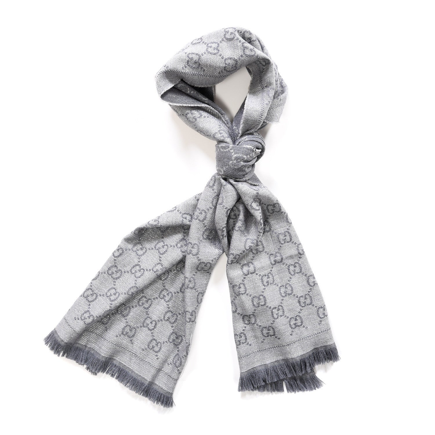 Gucci Wool Jacquard Monogram Fringe Scarf Grey 1 of 5