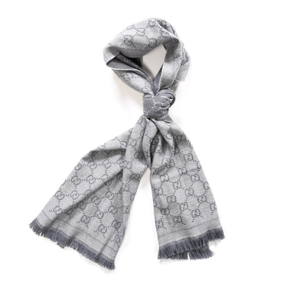 Gucci Wool Jacquard Monogram Fringe Scarf Grey 1 of 5