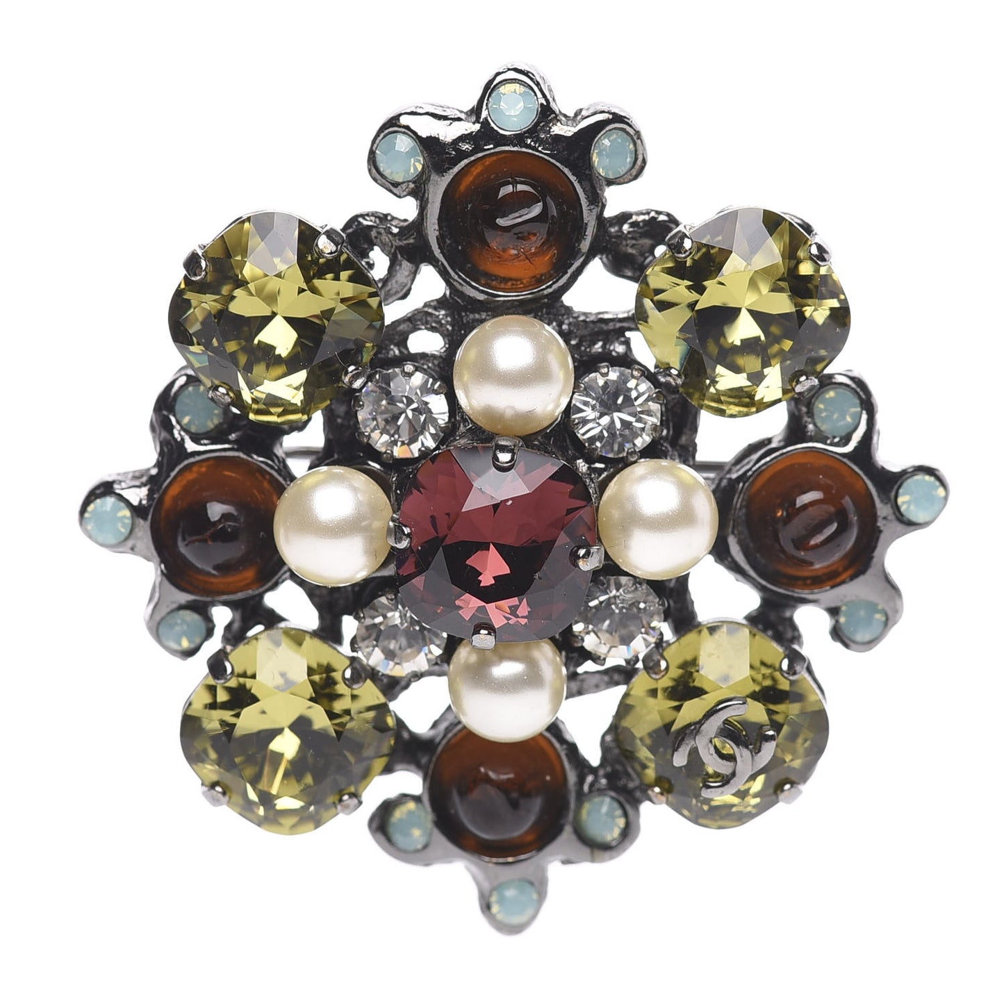 Crystal Pearl CC Brooch Silver Multicolor