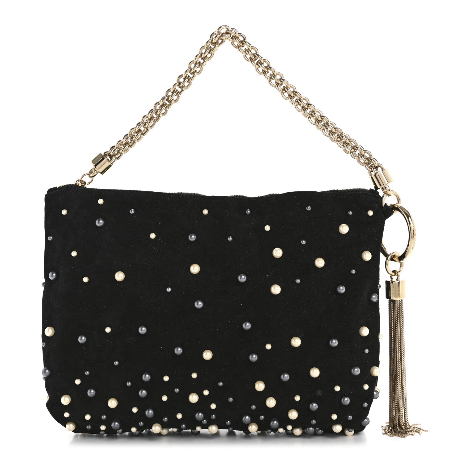 Jimmy Choo Suede Pearl Embellished Callie Tassel Clutch Bag Black 1 of 12