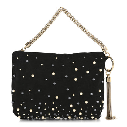Jimmy Choo Suede Pearl Embellished Callie Tassel Clutch Bag Black 1 of 12