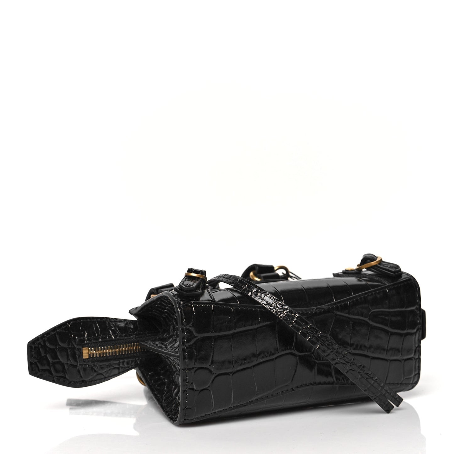 Shiny Supple Calfskin Crocodile Embossed Neo Classic Gold Hardware Nano City Crossbody Black