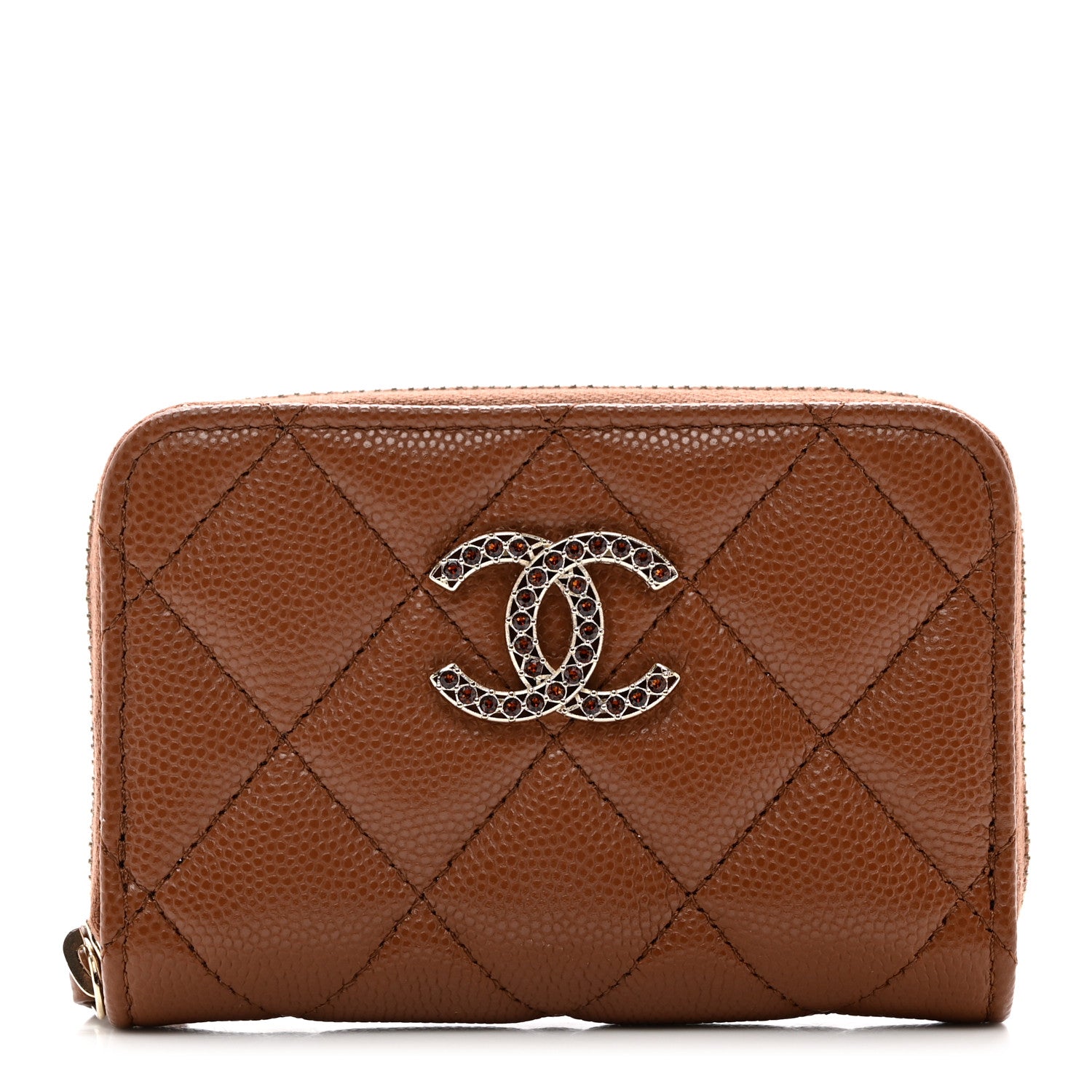 Chanel Shiny Caviar Quilted Strass CC Zip Coin Purse Light Brown 1 of 7