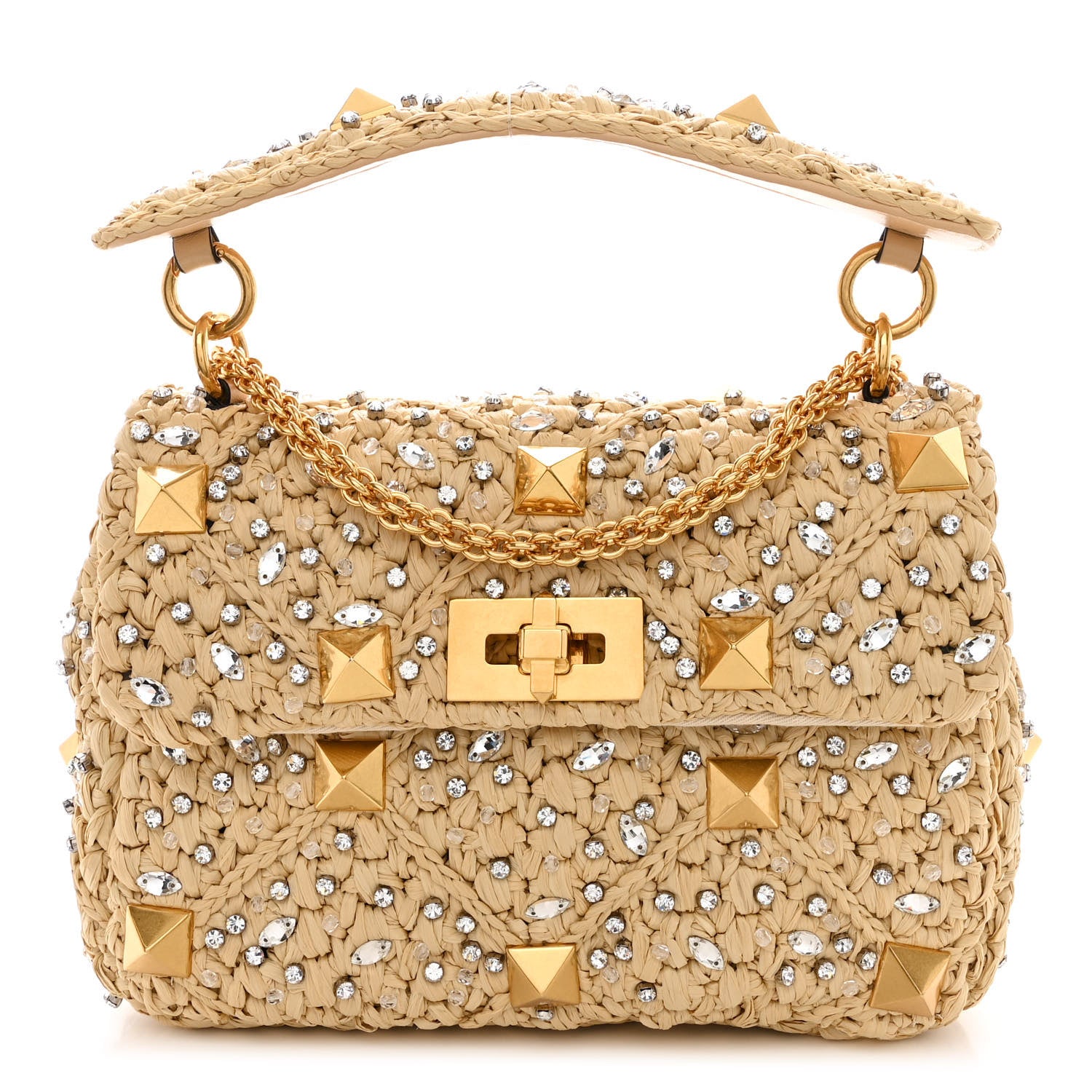 Valentino Garavani Raffia Crystal Medium Roman Stud Shoulder Bag Naturale Crystal 1 of 11