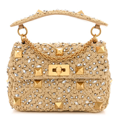 Valentino Garavani Raffia Crystal Medium Roman Stud Shoulder Bag Naturale Crystal 1 of 11