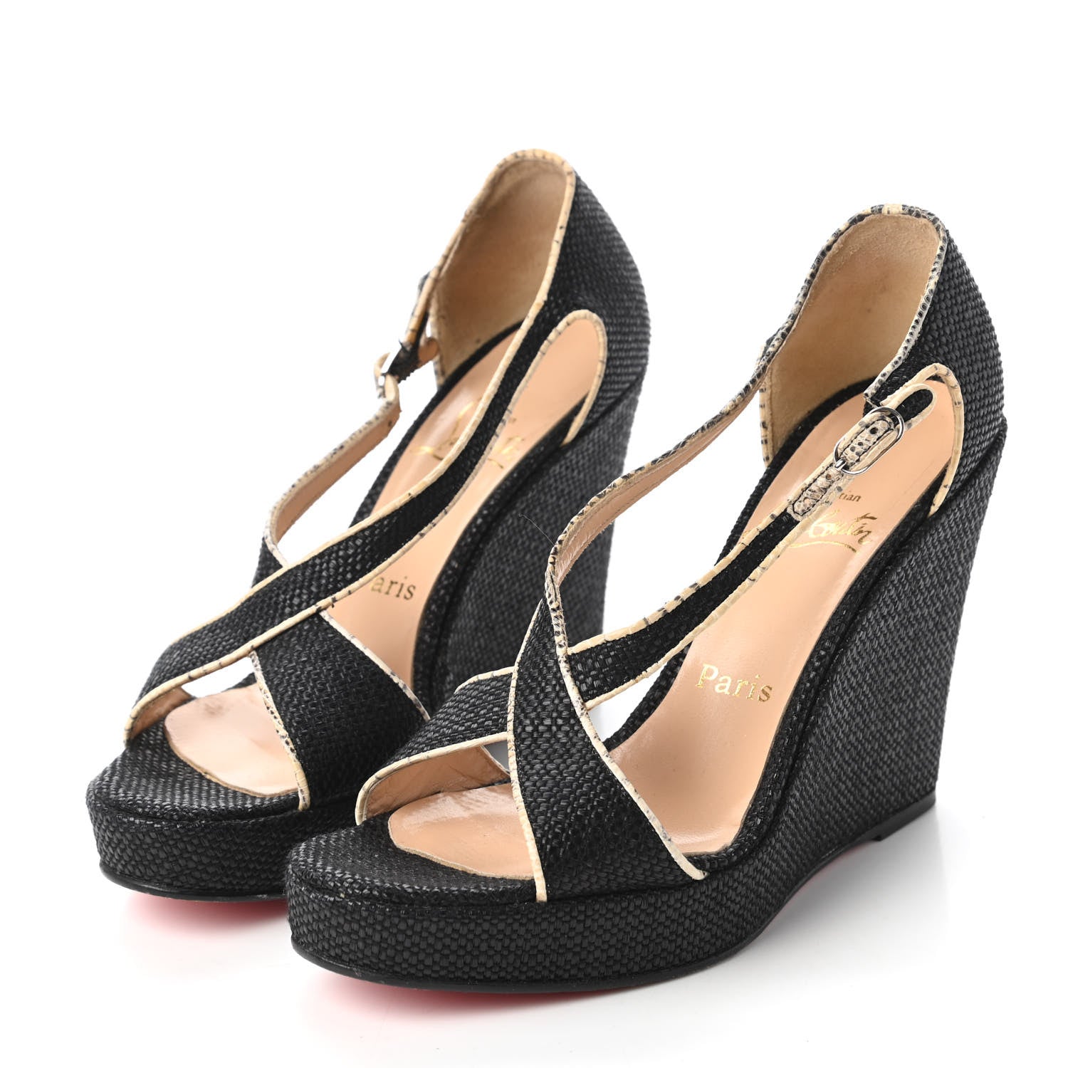 Christian Louboutin Raffia Platform Wedge Sandals 38.5 Black 3 of 7