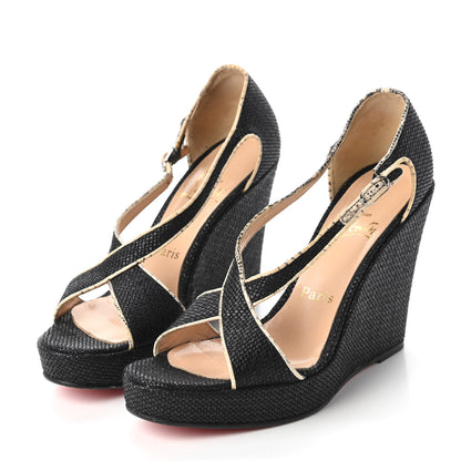 Christian Louboutin Raffia Platform Wedge Sandals 38.5 Black 3 of 7