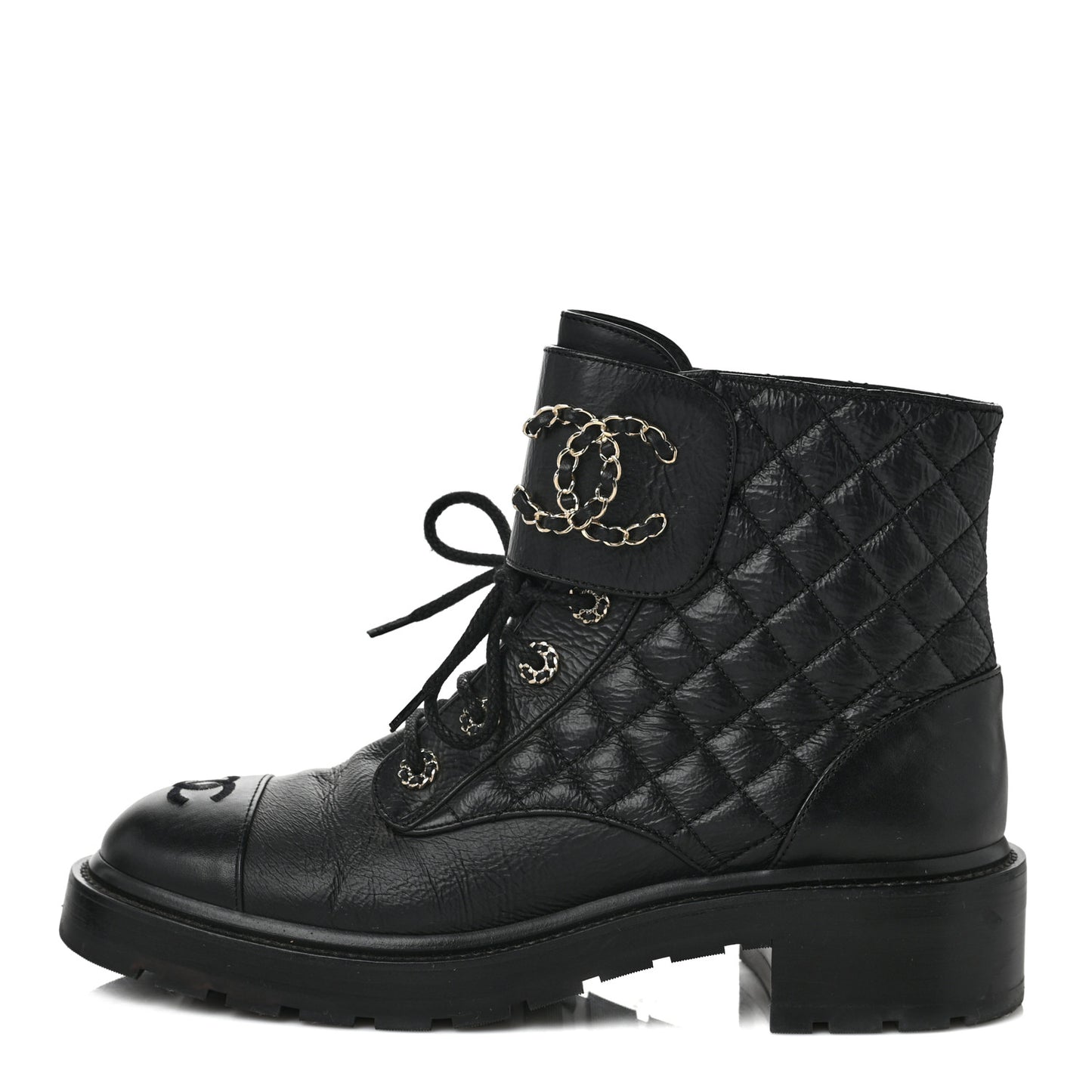 Shiny Calfskin Quilted Lace Up Combat Boots 41.5 Black
