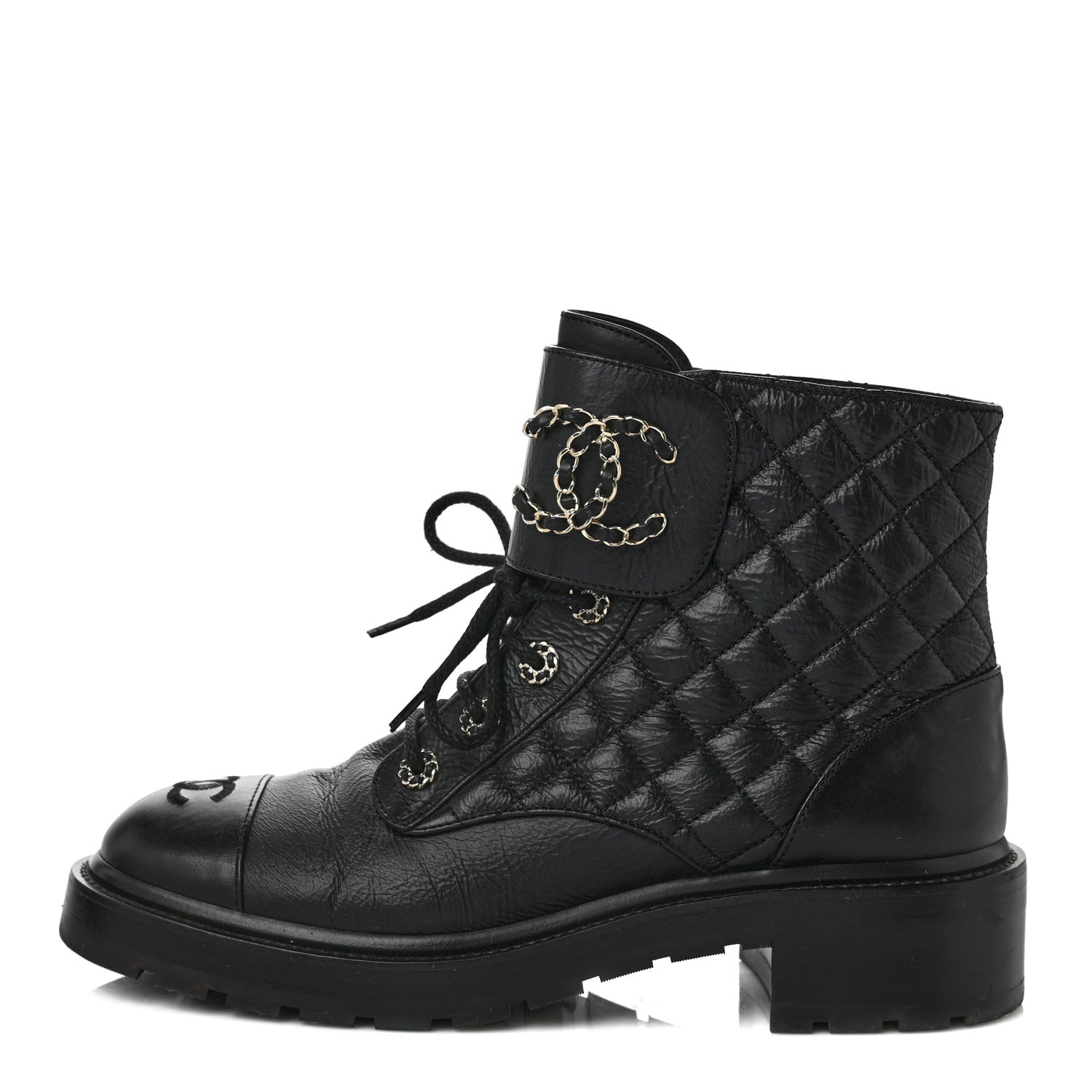 Chanel Shiny Calfskin Quilted Lace Up Combat Boots 41.5 Black 1 of 9
