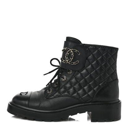 Chanel Shiny Calfskin Quilted Lace Up Combat Boots 41.5 Black 1 of 9