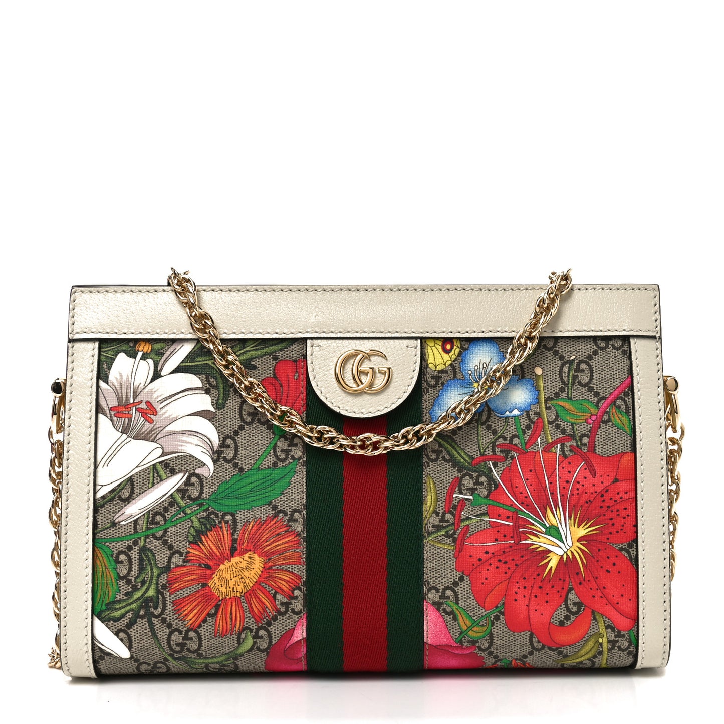 GG Supreme Monogram Flora Web Small Ophidia Chain Shoulder Bag White