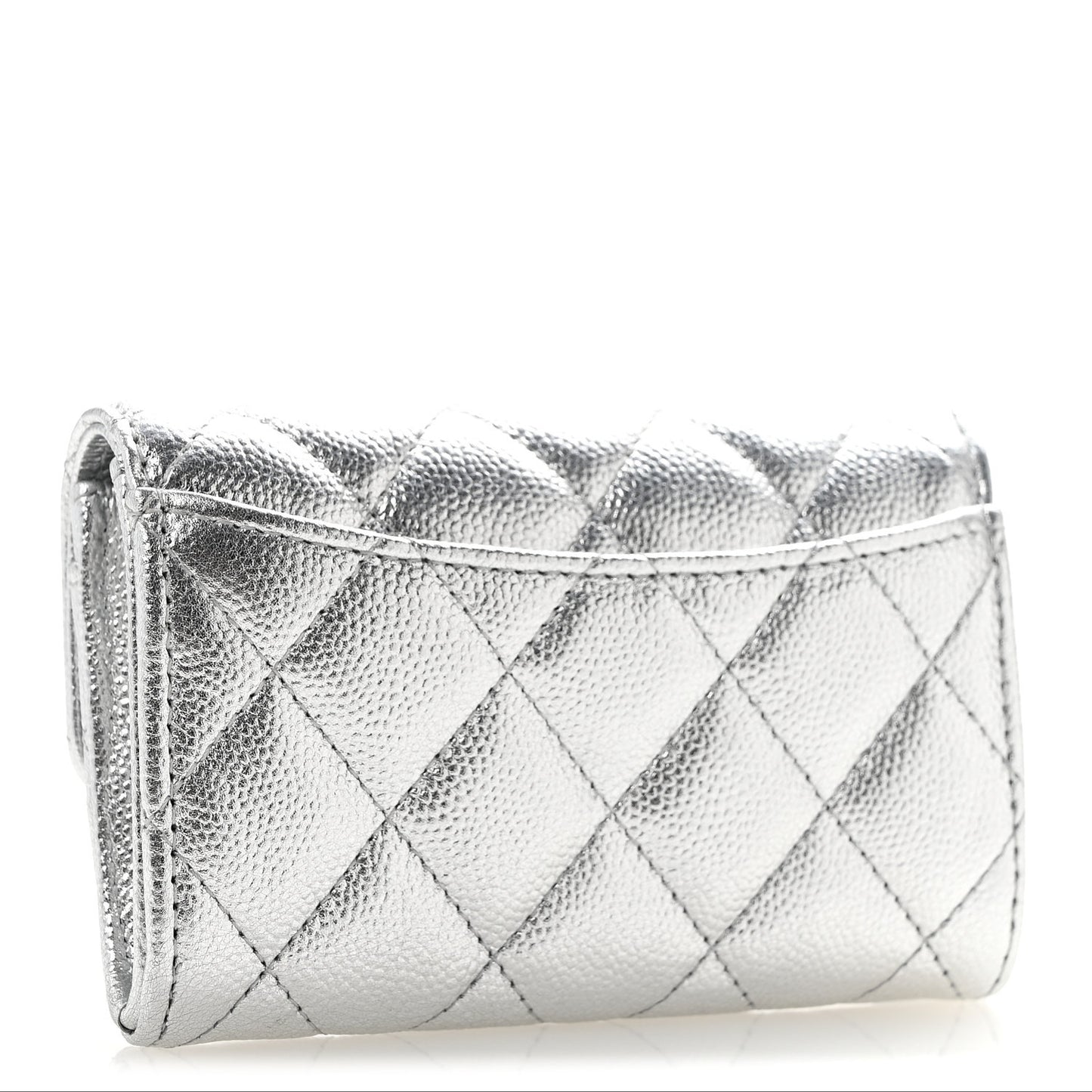 Glittered Metallic Caviar Quilted Flap Card Holder Wallet Silver