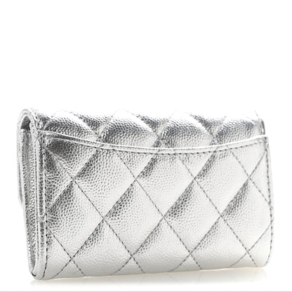 Chanel Glittered Metallic Caviar Quilted Flap Card Holder Wallet Silver 3 of 9