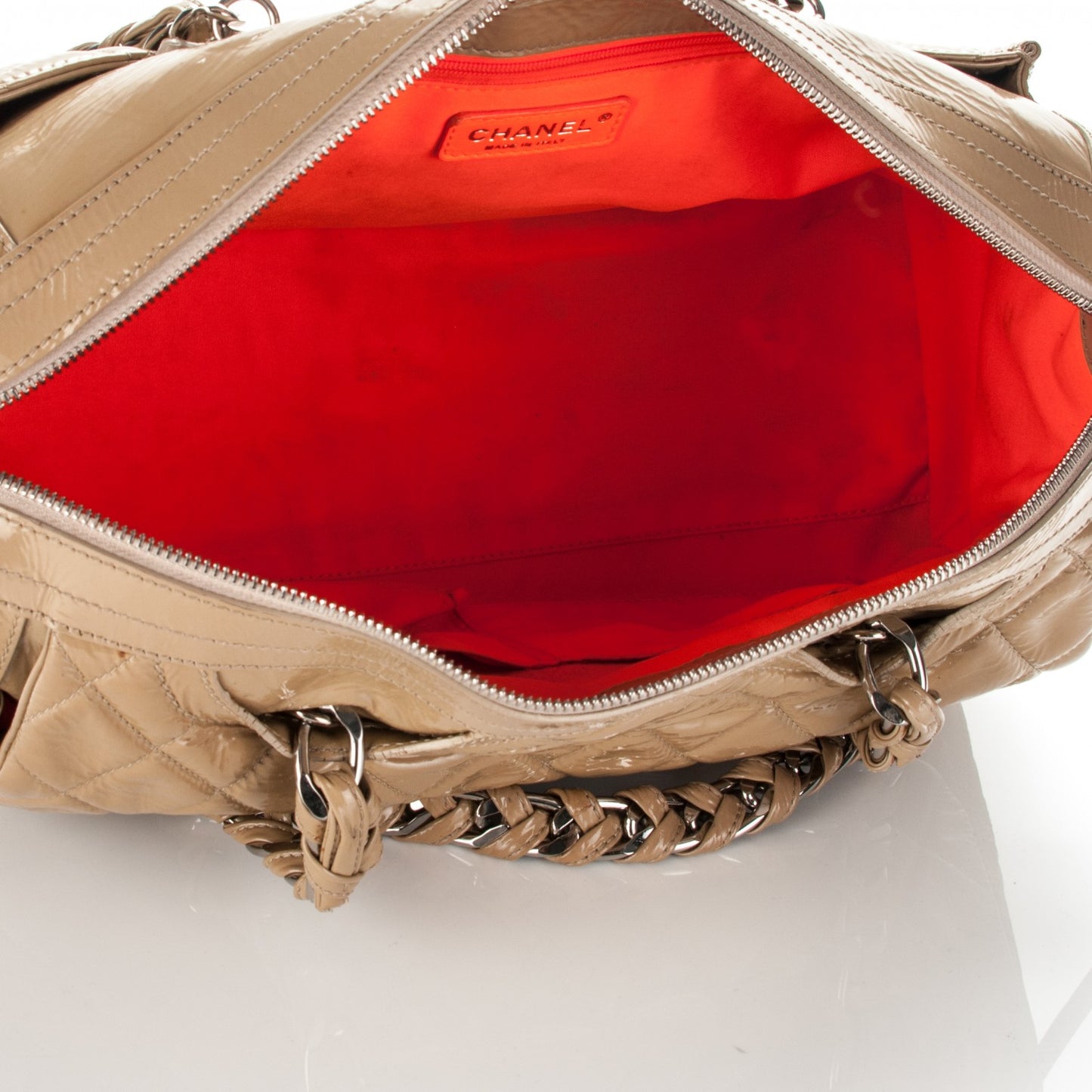 Patent Quilted Day Glo Flap Bag Beige