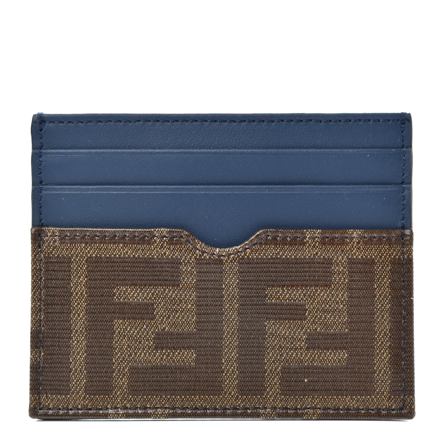 Fendi Vitello Century Glazed Fabric FF 1974 Card Holder Blu Scuro Mogano Panna 1 of 7