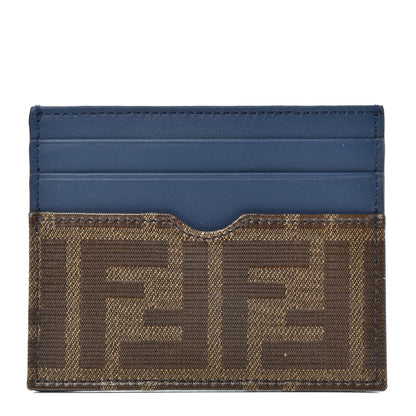 Fendi Vitello Century Glazed Fabric FF 1974 Card Holder Blu Scuro Mogano Panna 1 of 7