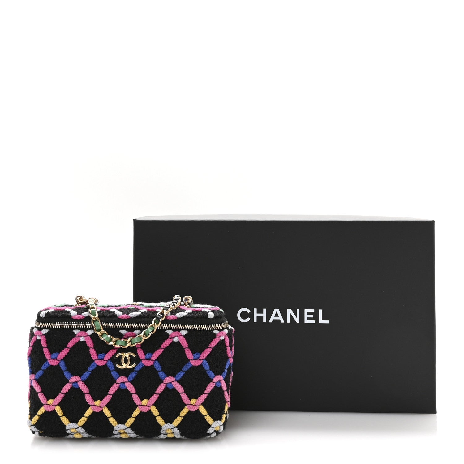 Chanel Tweed Diamond Threaded CC Pearl Crush Small Vanity Case With Chain Black Multicolor 12 of 12