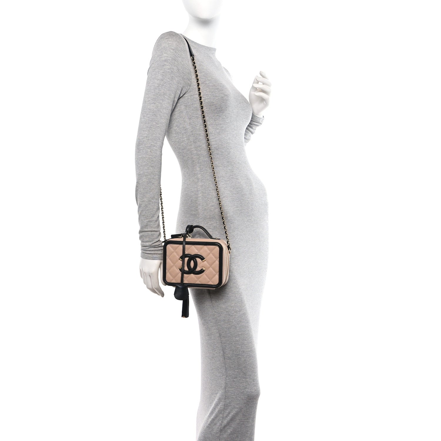 Chanel Caviar Quilted Small CC Filigree Vanity Case Beige Black 2 of 10