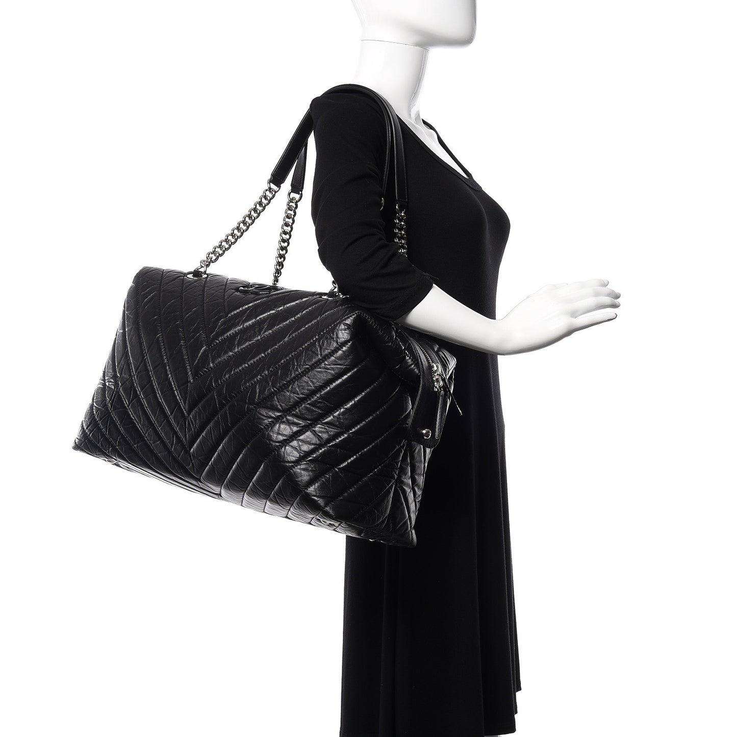 Aged Calfskin Chevron Quilted Duffle Bag Black