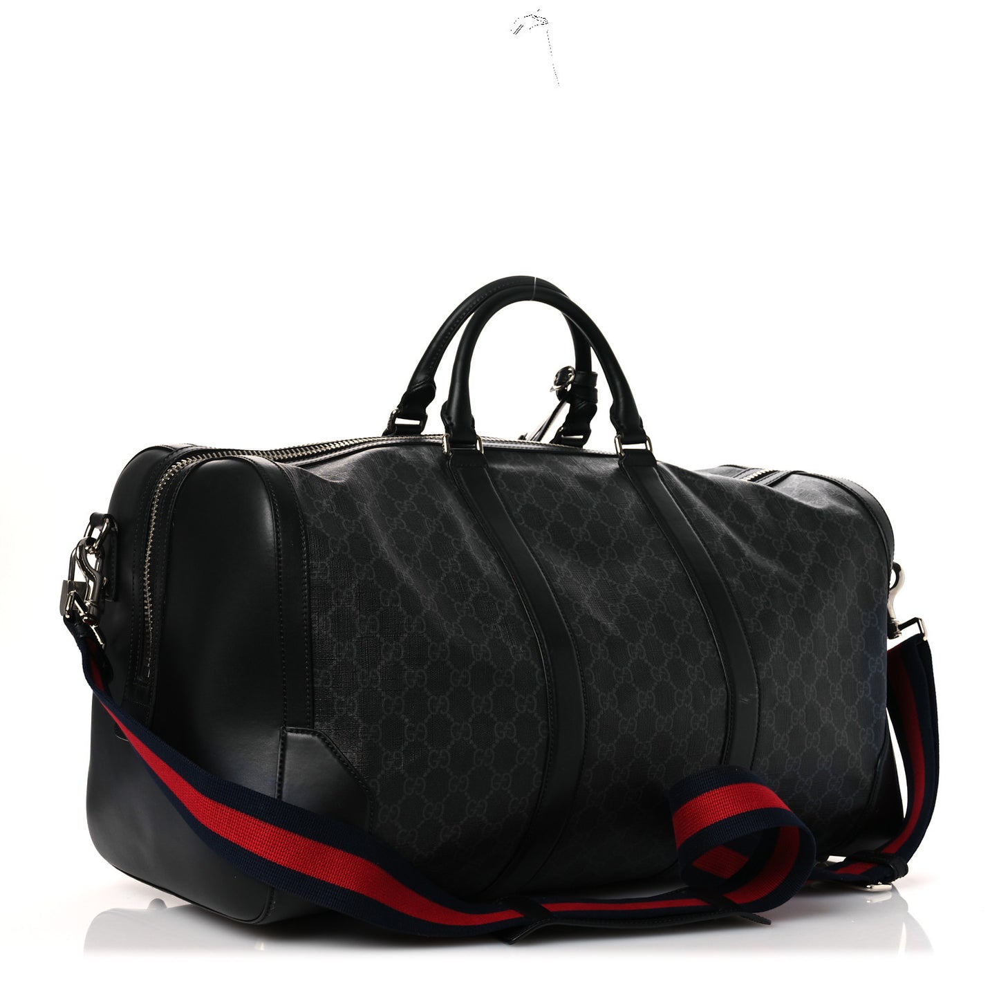Soft GG Supreme Monogram Appia Calfskin Web Large Carry On Duffle Bag Black Grey