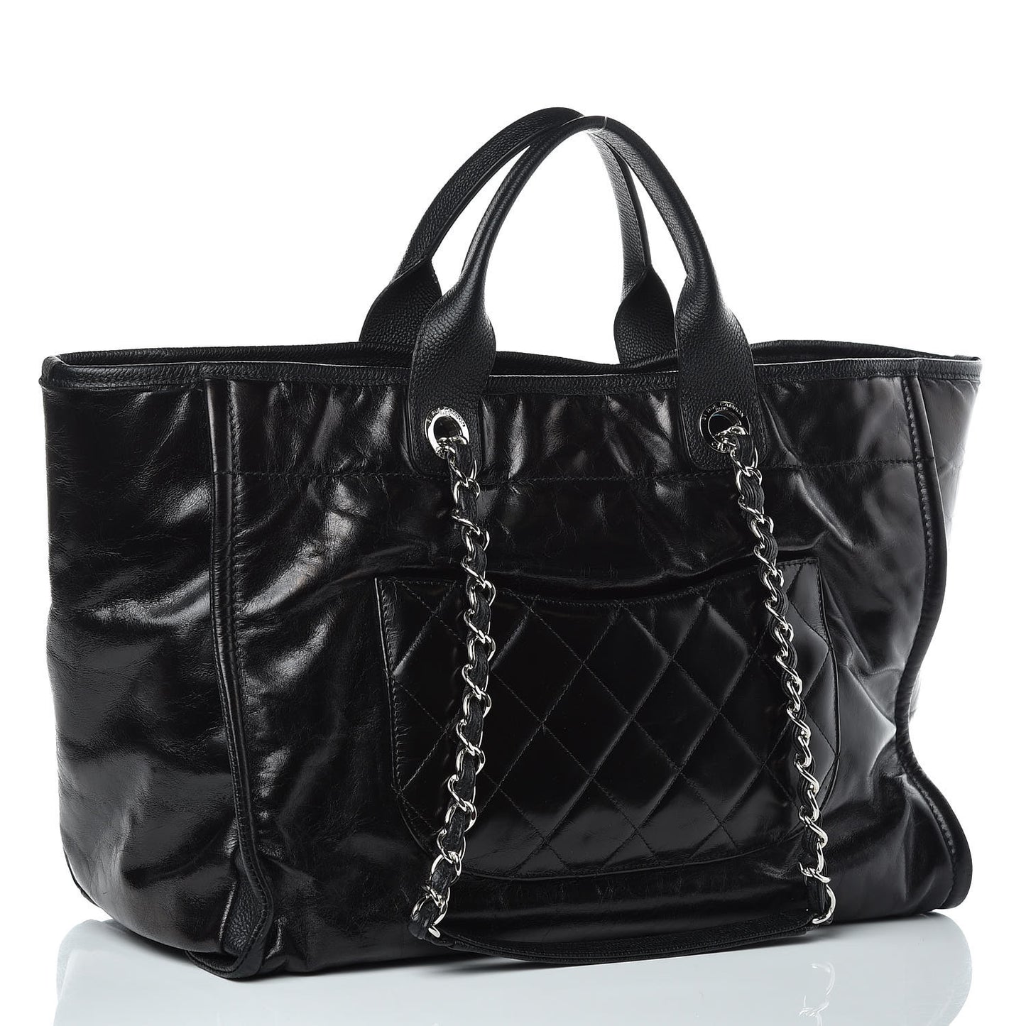 Glazed Calfskin Large Deauville Tote Black