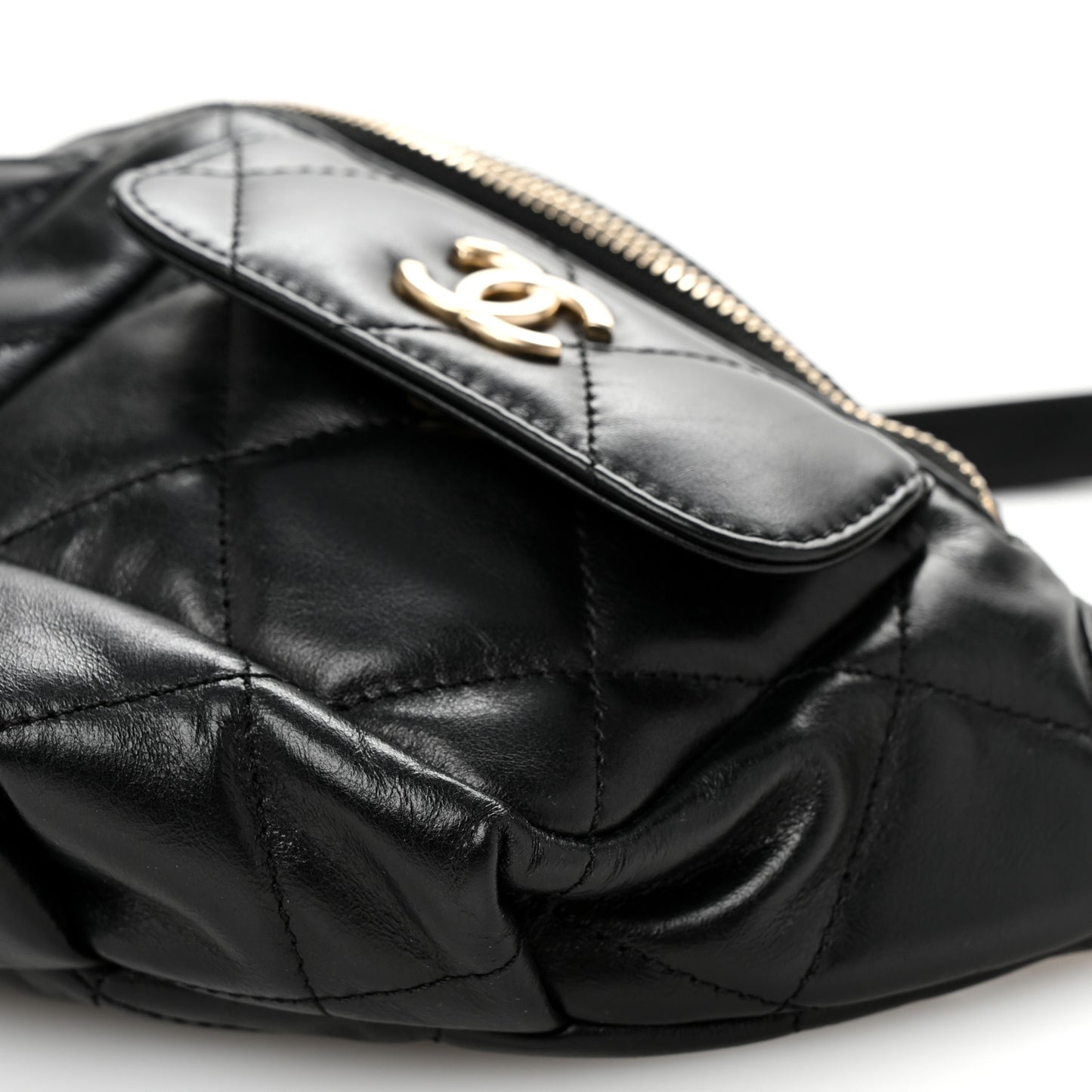 Shiny Aged Calfskin Quilted CC Pockets Jacket Waist Belt Bag Black