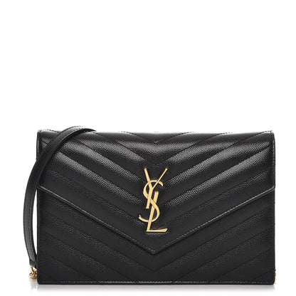 Saint Laurent Grain De Poudre Matelasse Chevron Monogram Envelope Chain Wallet Black 1 of 10