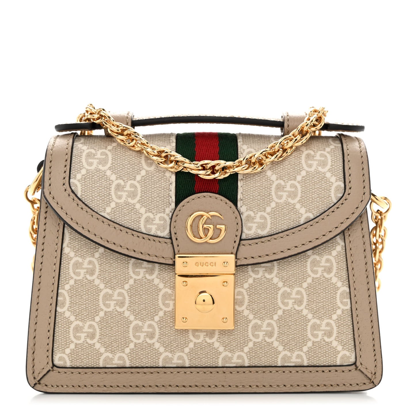 GG Supreme Monogram Textured Dollar Calfskin Web Mini Ophidia Padlock Top Handle Chain Shoulder Bag Beige Mystic White Oatmeal
