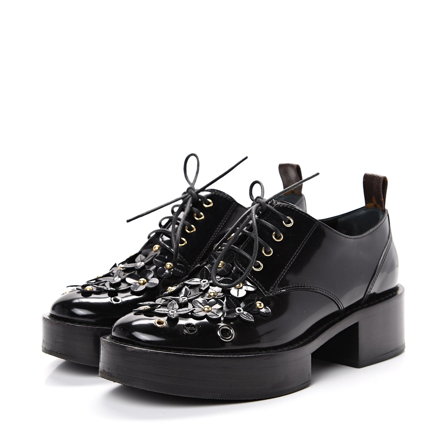 Patent Calfskin Blooms Flat Derby Platform Shoes 37 Black