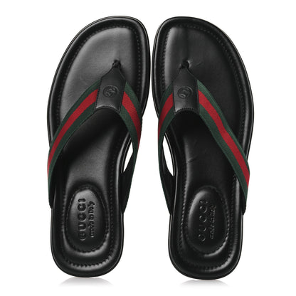 Gucci Nylon Calfskin Web Mens Cleat Sole Thong Sandals 8 Black Red Blue 2 of 14