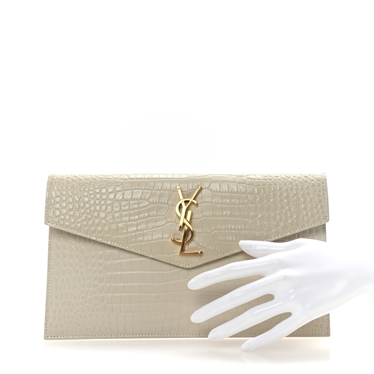 Saint Laurent Calfskin Crocodile Embossed Uptown Monogram Clutch Crema Soft 2 of 7