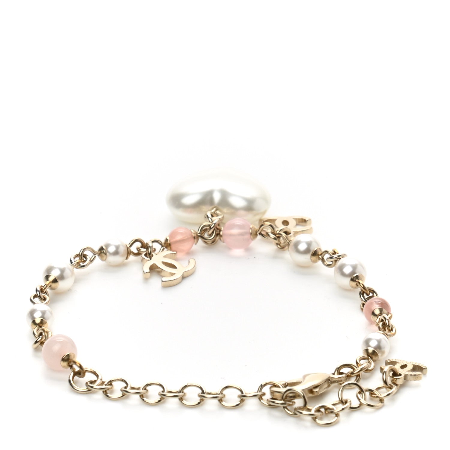 Chanel Pearl Crystal CC Heart Bracelet Pearly White Pink Gold 3 of 4