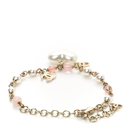 Chanel Pearl Crystal CC Heart Bracelet Pearly White Pink Gold 3 of 4
