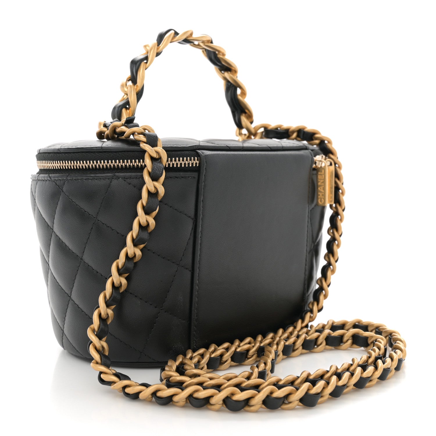 Chanel Lambskin Quilted Chain Top Handle Round Vanity Case Black 3 of 11