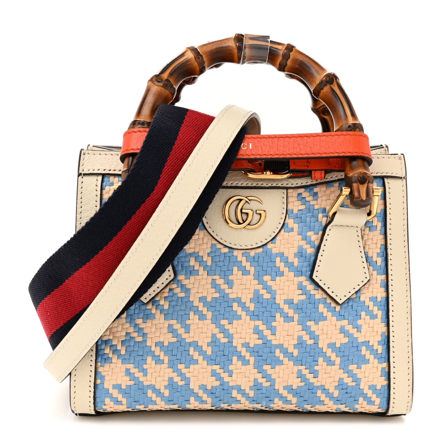 Gucci Raffia Textured Dollar Calfskin Web Houndstooth Mini Diana Tote Bag Light Blue Natural Deep Orange 1 of 11