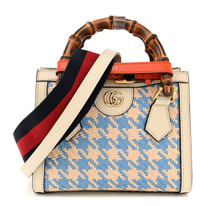 Gucci Raffia Textured Dollar Calfskin Web Houndstooth Mini Diana Tote Bag Light Blue Natural Deep Orange 1 of 11