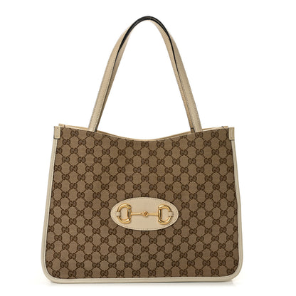 Gucci Monogram Calfskin Large Horsebit 1955 Tote Bag Beige Mystic White 1 of 12