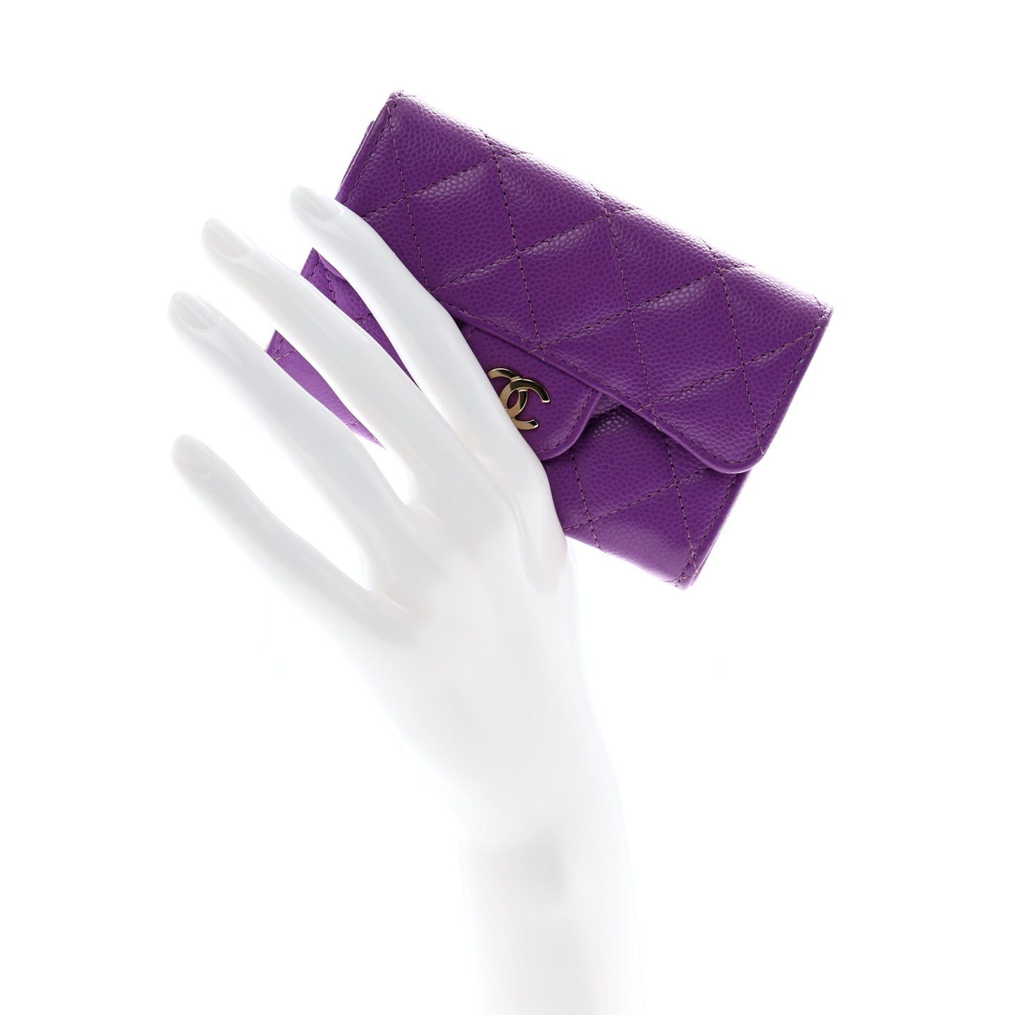 Caviar Quilted Flap Card Holder Wallet Purple
