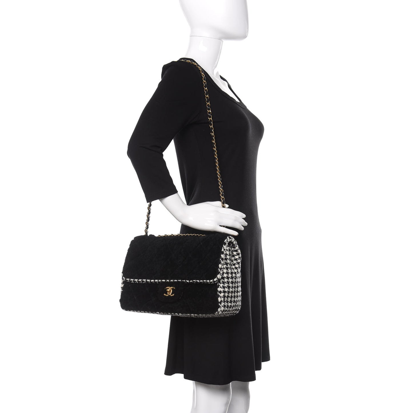 Shearling Tweed Jumbo Single Flap Black White