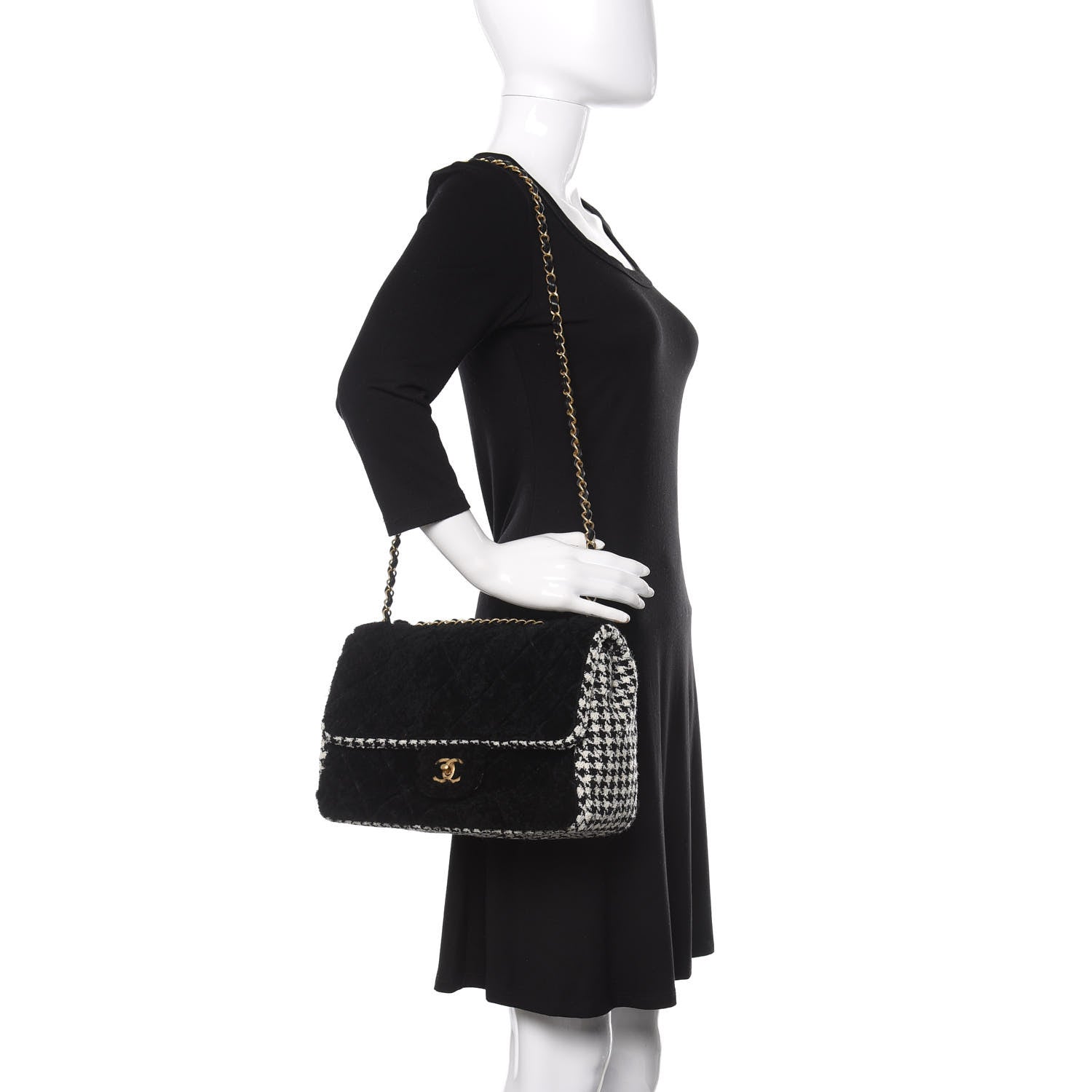 Chanel Shearling Tweed Jumbo Single Flap Black White 3 of 11