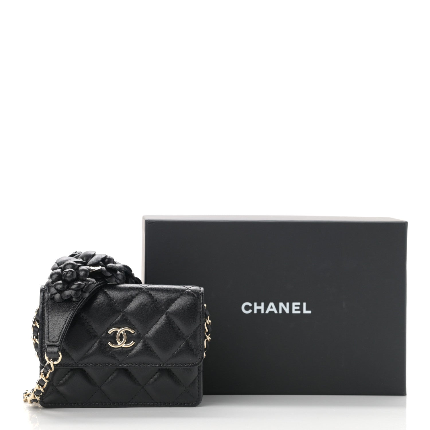 Chanel Lambskin Quilted Camellia Card Holder On Chain Black 13 of 13