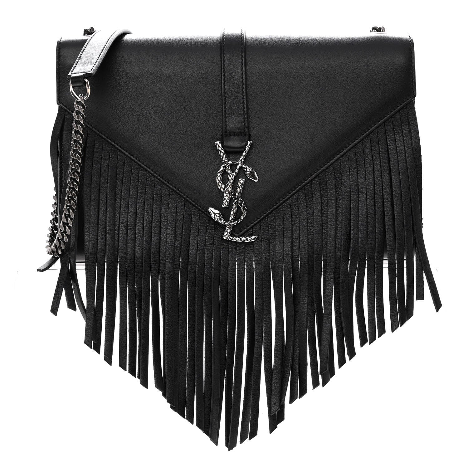 Saint Laurent Calfskin Fringe Medium Snake Monogram Satchel Black 1 of 9