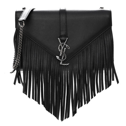 Saint Laurent Calfskin Fringe Medium Snake Monogram Satchel Black 1 of 9