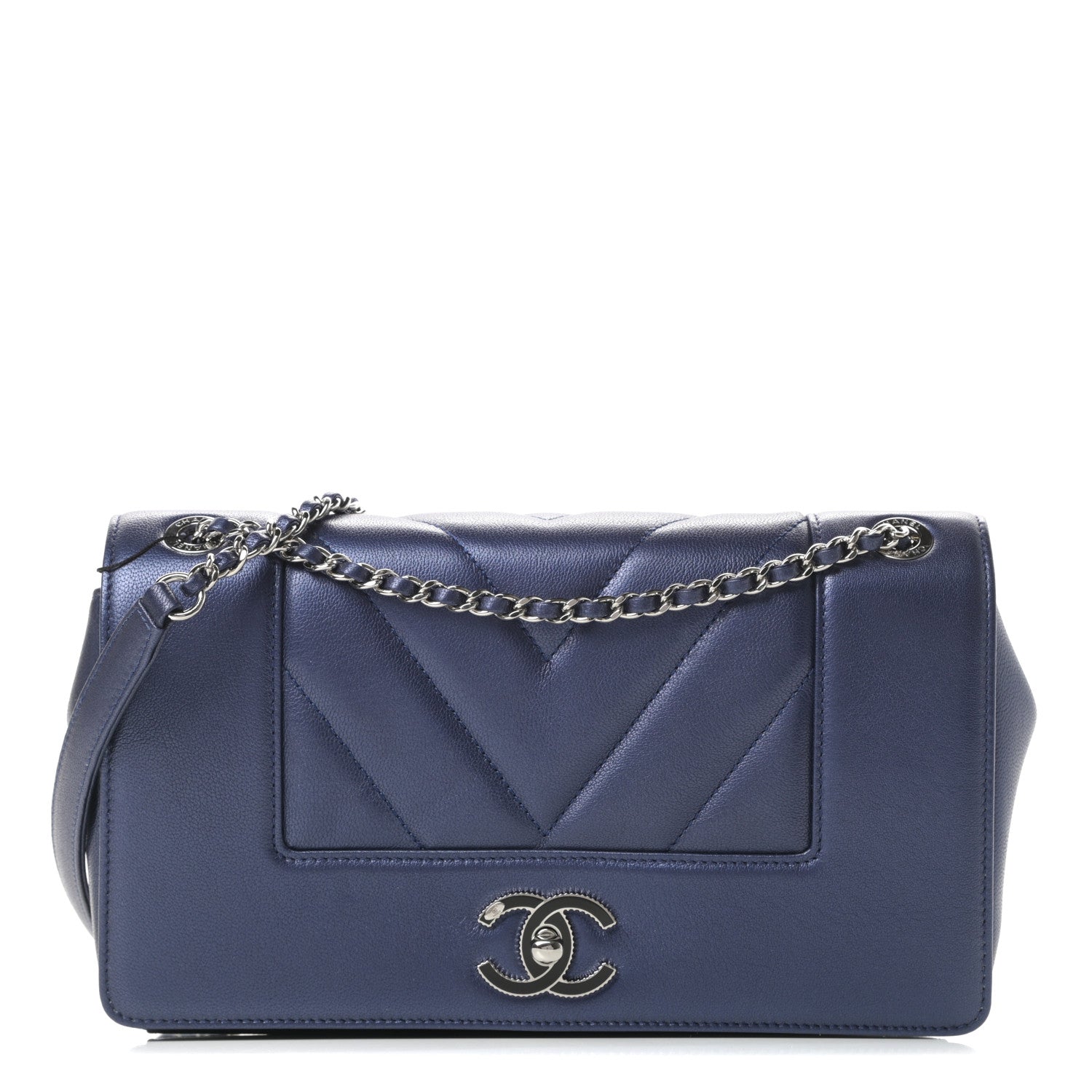 Chanel Metallic Sheepskin Chevron Quilted Medium Vintage Mademoiselle Flap Navy 1 of 11