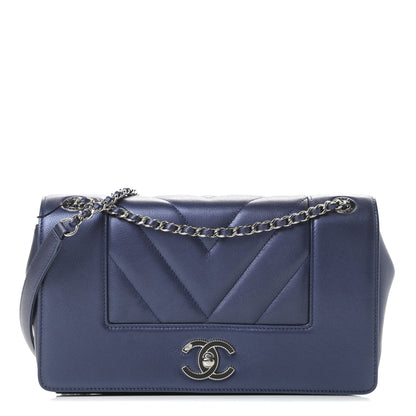 Chanel Metallic Sheepskin Chevron Quilted Medium Vintage Mademoiselle Flap Navy 1 of 11
